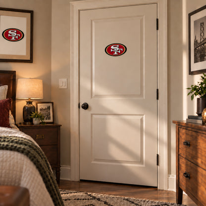 San Francisco 49ers decorative sticker on an interior door, corrected 29 cm proportion