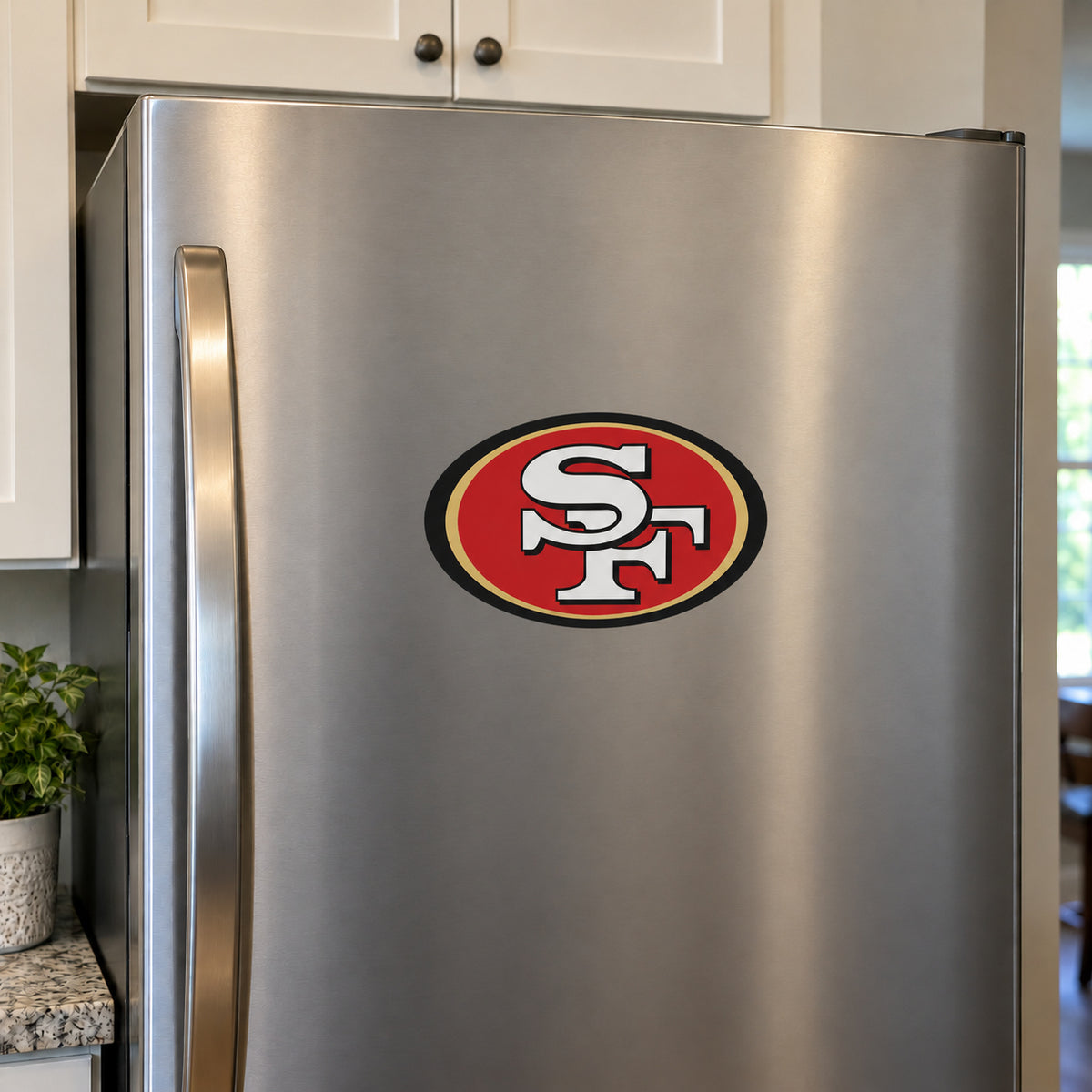 San Francisco 49ers decorative sticker displayed on a stainless-steel refrigerator