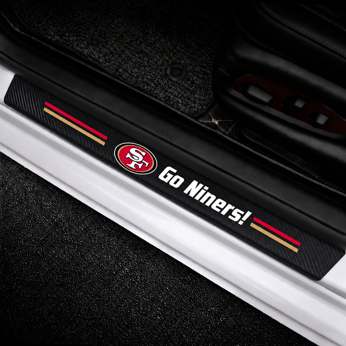 San Francisco 49ers car door sill protector strips — vehicle installation view