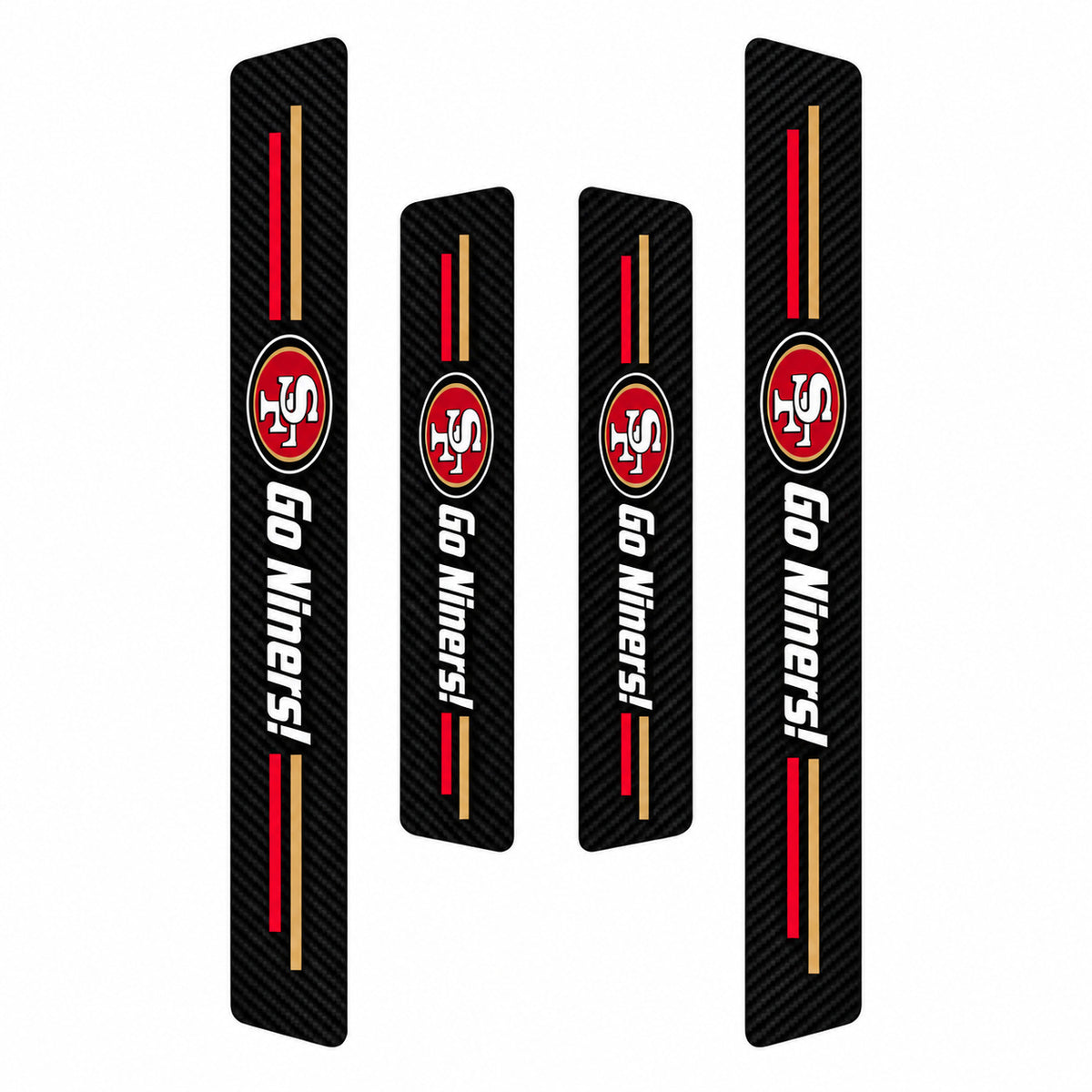 San Francisco 49ers car door sill protector strips — four-piece product layout