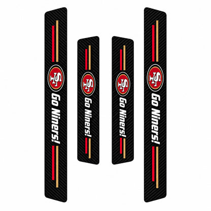 San Francisco 49ers car door sill protector strips — four-piece product layout