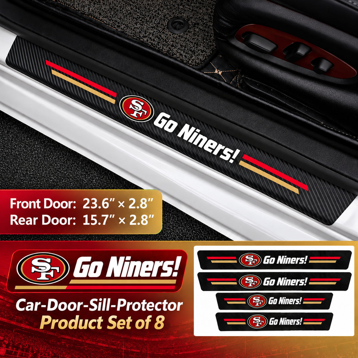 San Francisco 49ers car door sill protector strips — 2 sets of 8 pieces