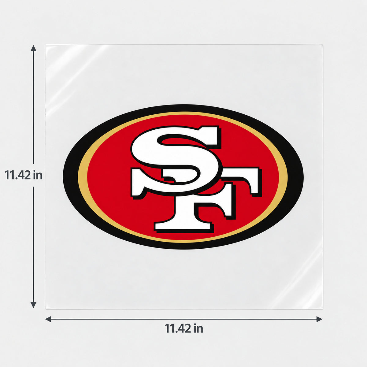 San Francisco 49ers decorative sticker displayed on clear film with size markings