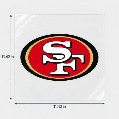 San Francisco 49ers decorative sticker displayed on clear film with size markings