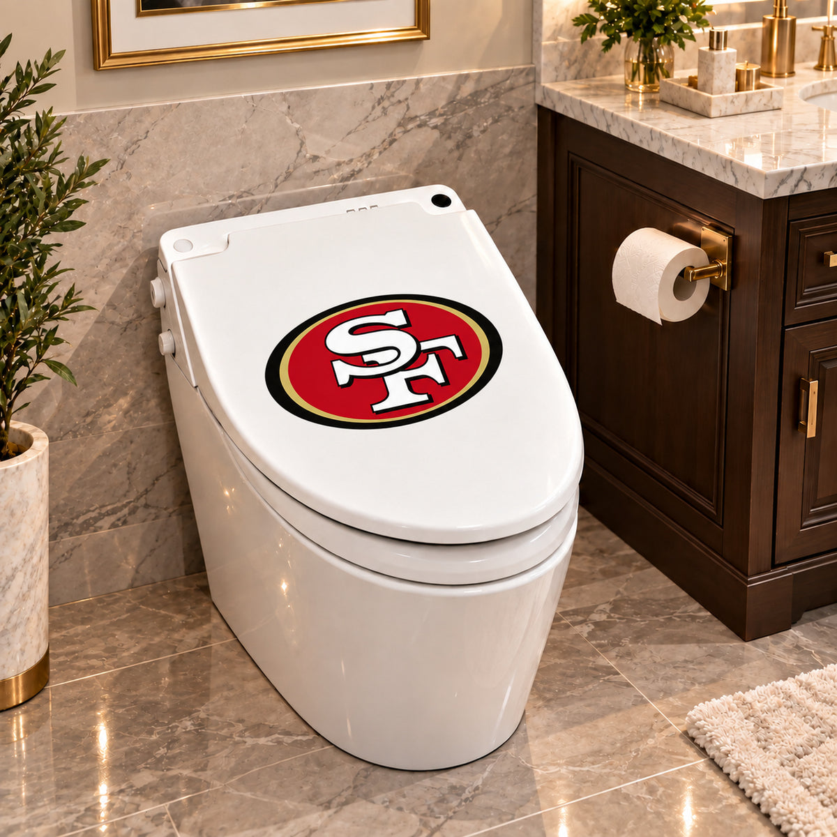 San Francisco 49ers decorative sticker on a closed white toilet lid in a marble bathroom
