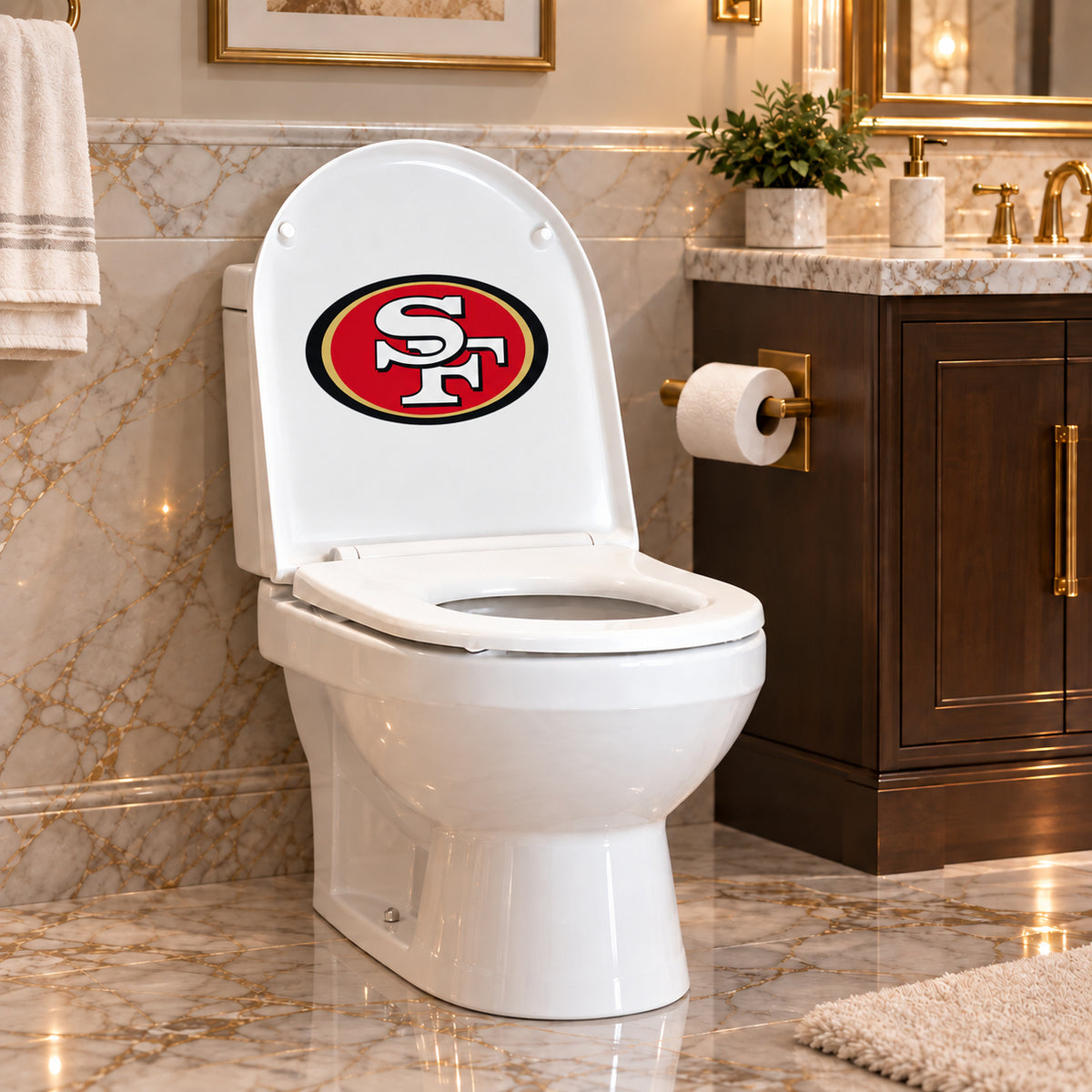 San Francisco 49ers decorative sticker on the inside of a white toilet lid in a marble bathroom