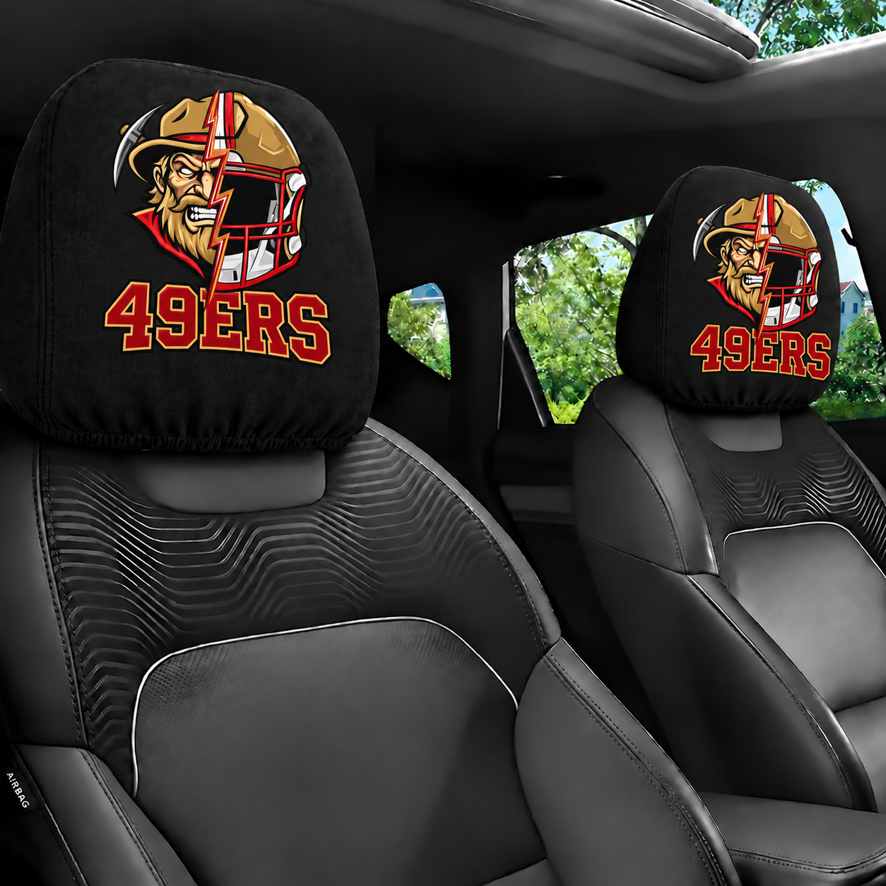 San Francisco 49ers car headrest cover, Style 2 illustrated mascot design, installed in car