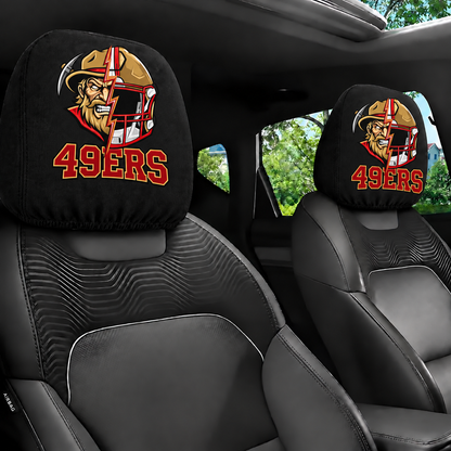 San Francisco 49ers car headrest cover, Style 2 illustrated mascot design, installed in car