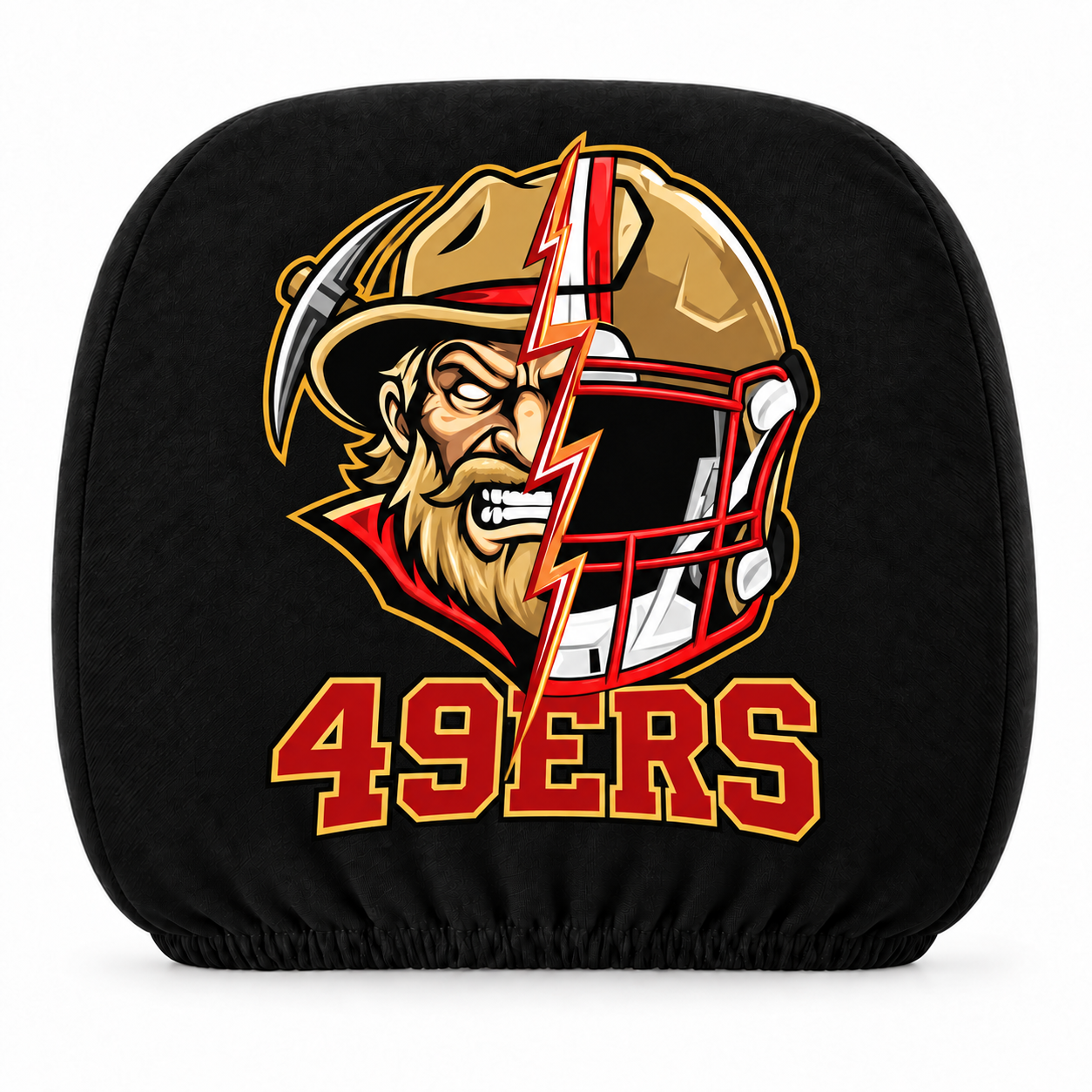 San Francisco 49ers car headrest cover, Style 2 illustrated mascot design, white background