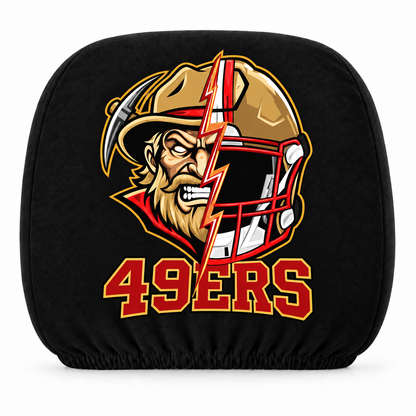 San Francisco 49ers car headrest cover, Style 2 illustrated mascot design, white background