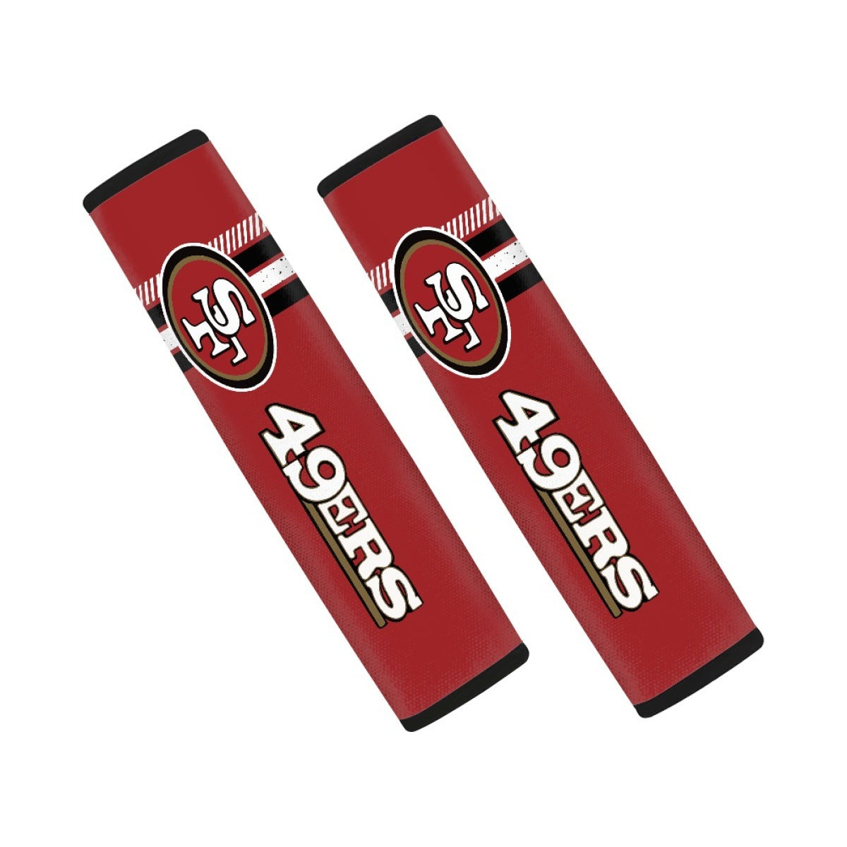 Pair of San Francisco 49ers seat belt and backpack shoulder strap covers on a white background