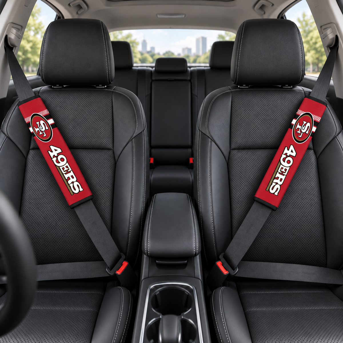 San Francisco 49ers car seat belt covers shown on two front seat belts