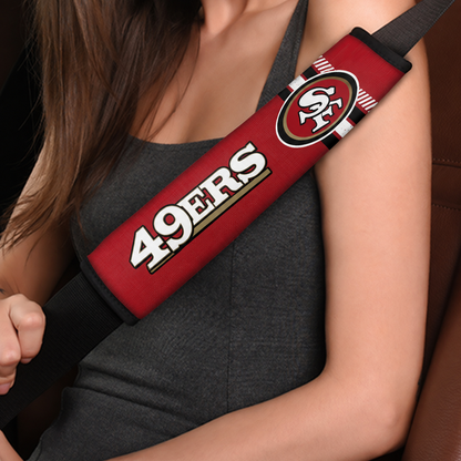 Close-up of San Francisco 49ers shoulder strap cover worn on a car seat belt