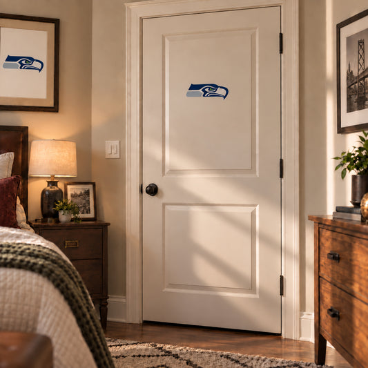 Seattle Seahawks decorative sticker on an interior door, corrected 29 cm proportion