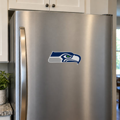 Seattle Seahawks decorative sticker displayed on a stainless-steel refrigerator
