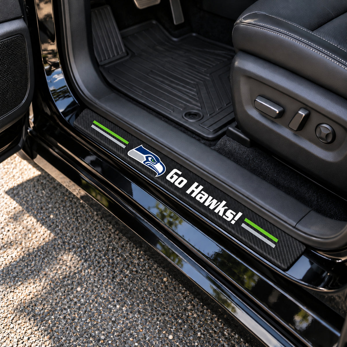 Seattle Seahawks carbon fiber texture car door sill protector strips installed on a black car
