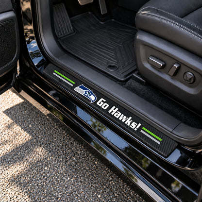 Seattle Seahawks carbon fiber texture car door sill protector strips installed on a black car
