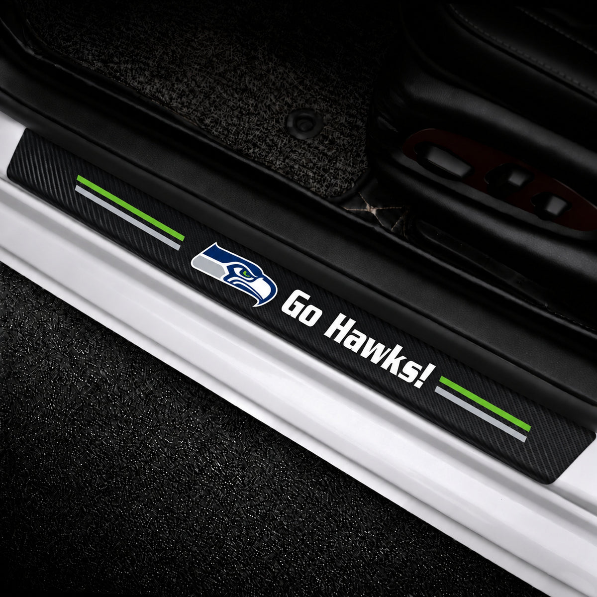Seattle Seahawks car door sill protector strips — vehicle installation view