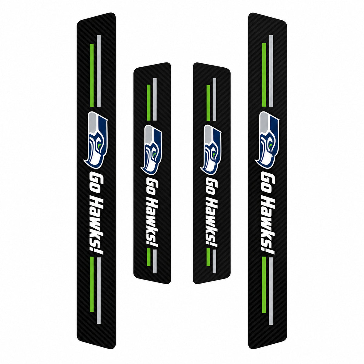 Seattle Seahawks car door sill protector strips — four-piece product layout