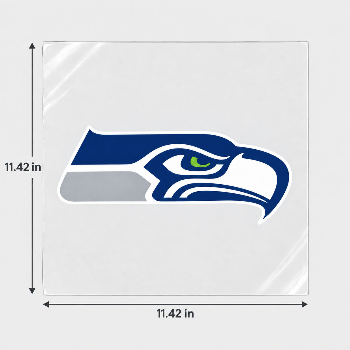 Seattle Seahawks decorative sticker displayed on clear film with size markings