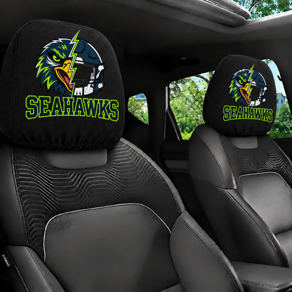 Seattle Seahawks car headrest cover, Style 2 illustrated mascot design, installed in car
