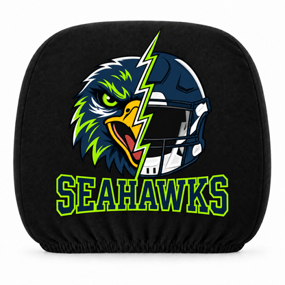 Seattle Seahawks car headrest cover, Style 2 illustrated mascot design, white background