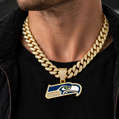 Seattle Seahawks gold-tone rhinestone Cuban-link necklace, worn view