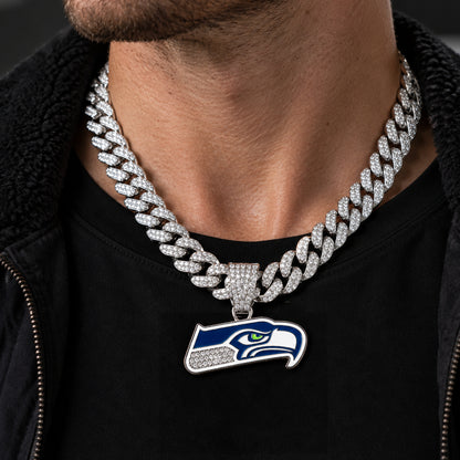 Seattle Seahawks silver-tone rhinestone Cuban-link necklace, worn view