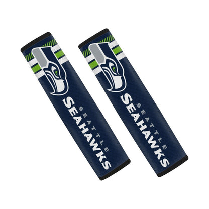 Pair of Seattle Seahawks seat belt and backpack shoulder strap covers on a white background