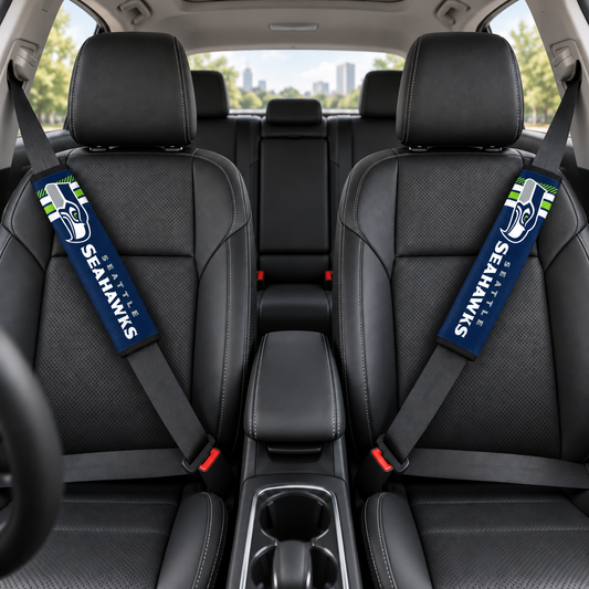 Seattle Seahawks car seat belt covers shown on two front seat belts