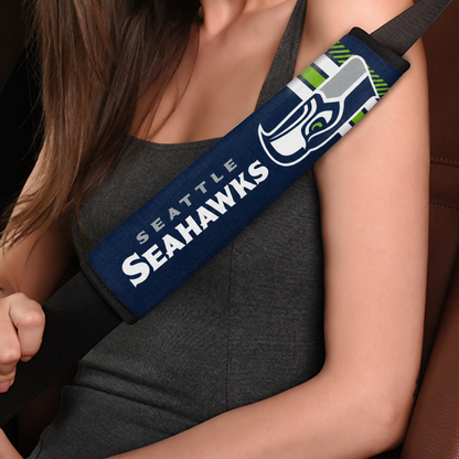 Close-up of Seattle Seahawks shoulder strap cover worn on a car seat belt