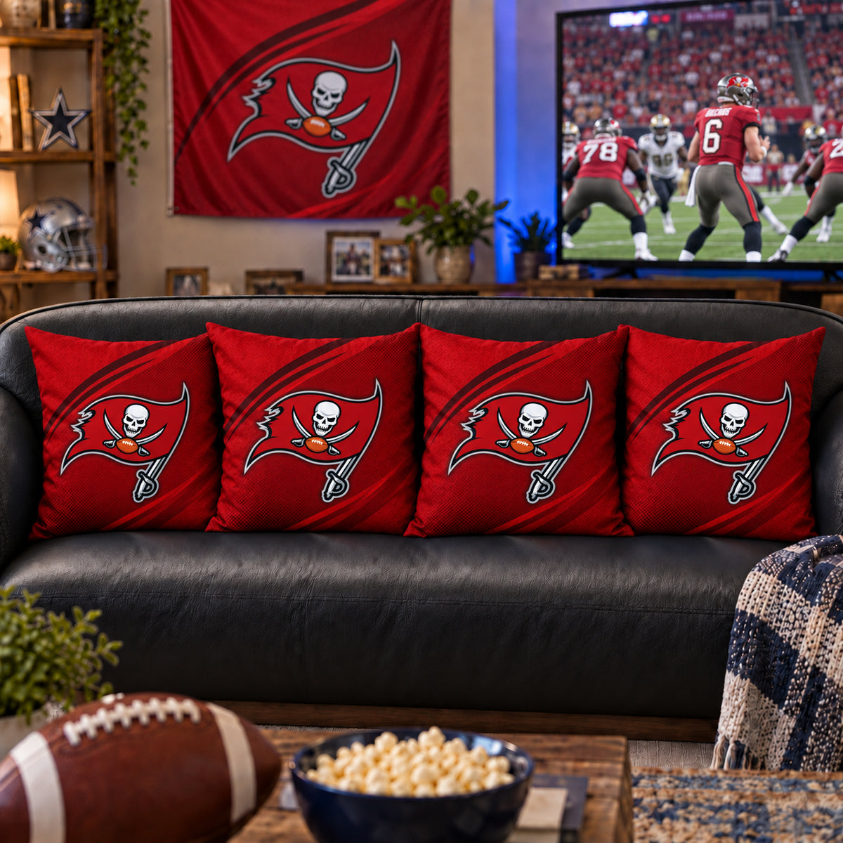 Matching Tampa Bay Buccaneers sofa cushion covers shown in a living-room styling example
