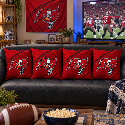 Matching Tampa Bay Buccaneers sofa cushion covers shown in a living-room styling example