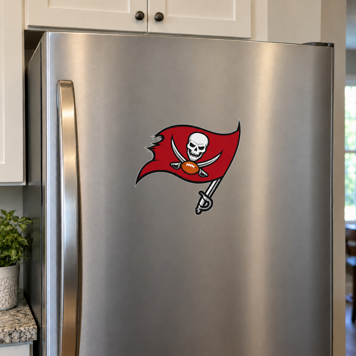 Tampa Bay Buccaneers decorative sticker displayed on a stainless-steel refrigerator