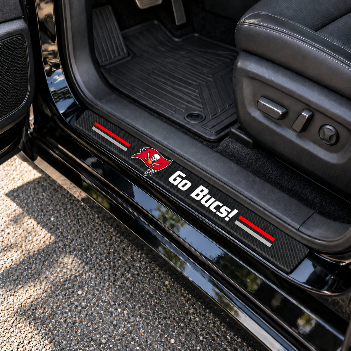 Tampa Bay Buccaneers carbon fiber texture car door sill protector strips installed on a black car