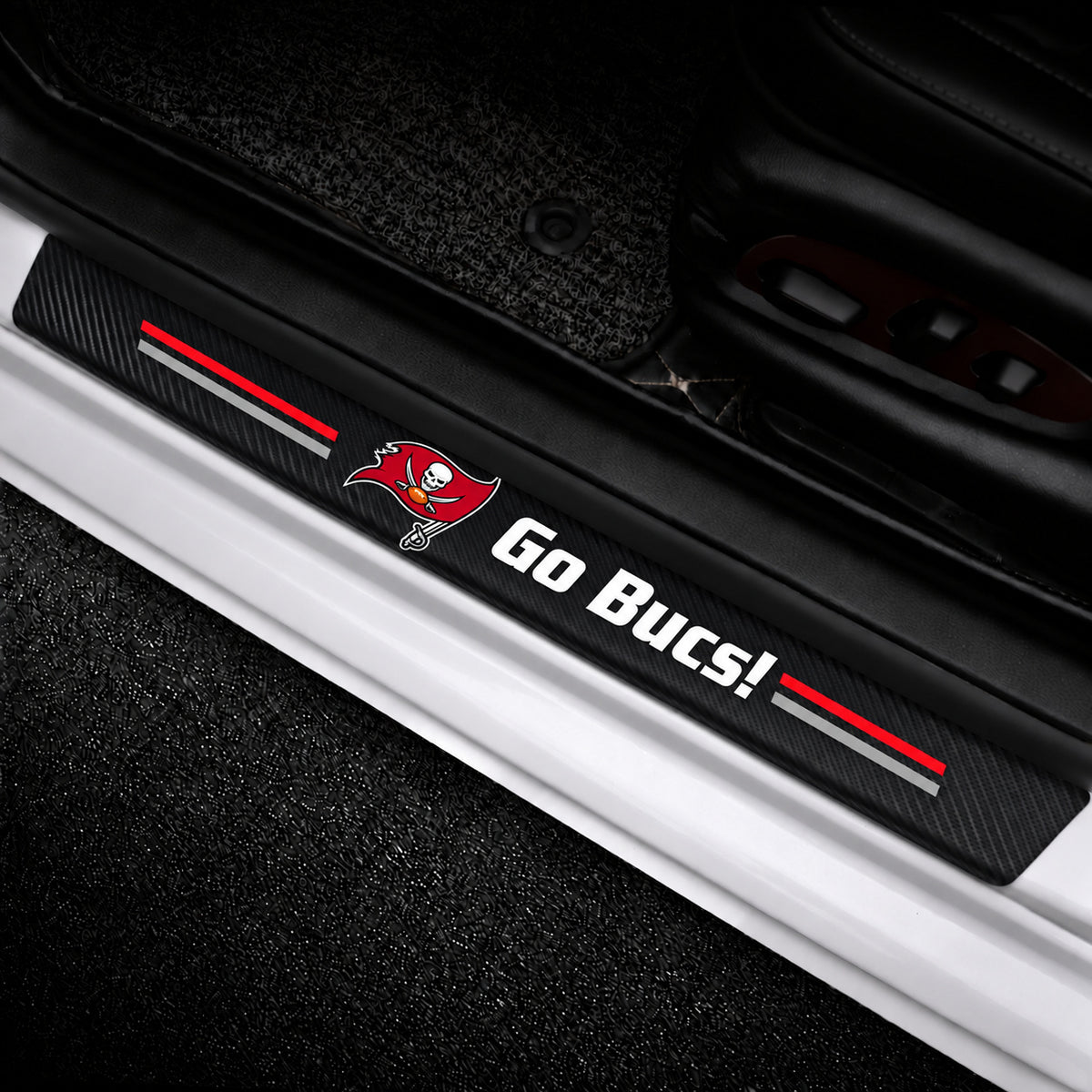 Tampa Bay Buccaneers car door sill protector strips — vehicle installation view