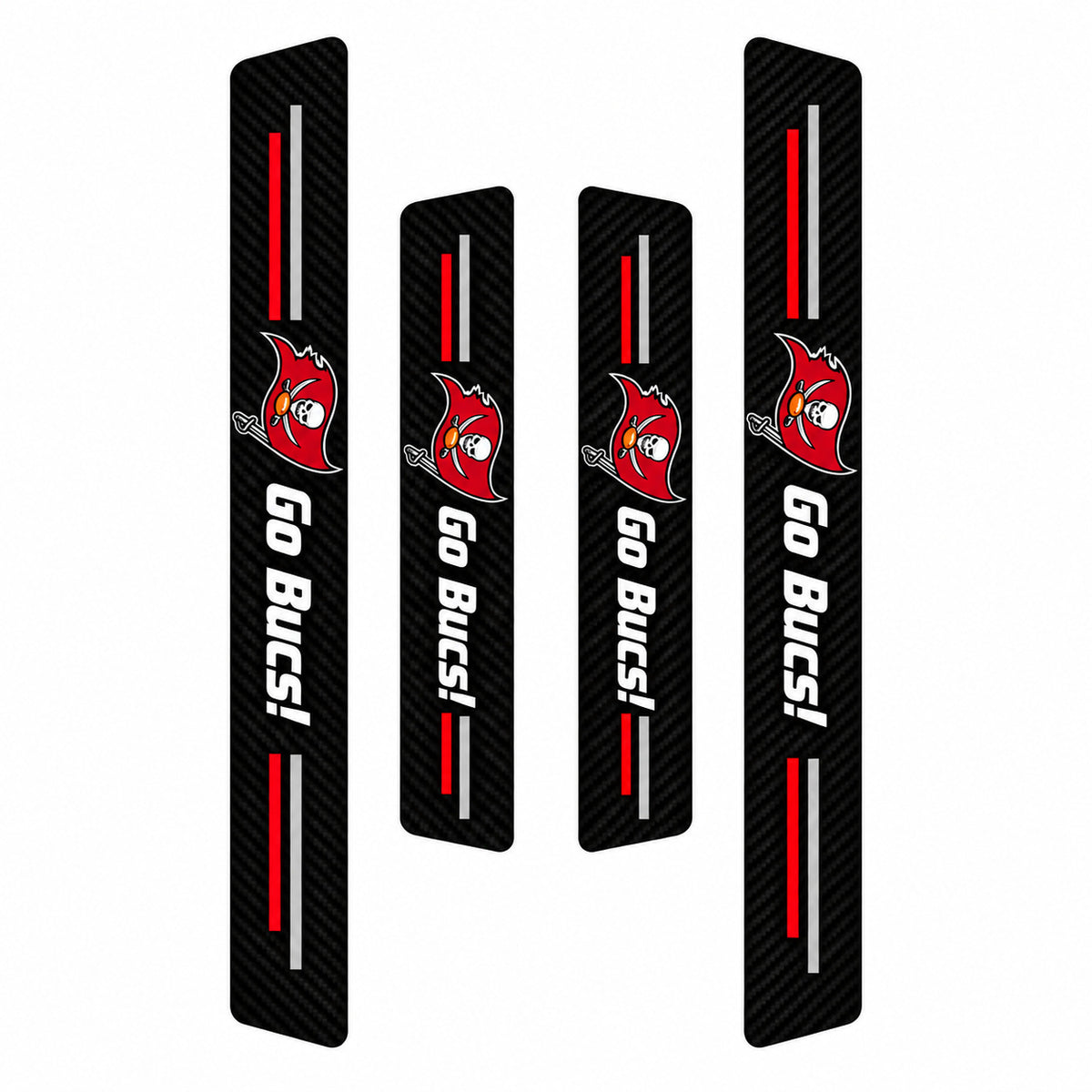 Tampa Bay Buccaneers car door sill protector strips — four-piece product layout