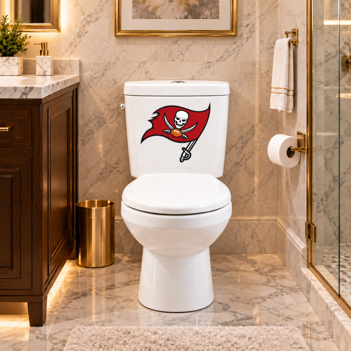 Tampa Bay Buccaneers decorative sticker on a white toilet tank in a marble bathroom