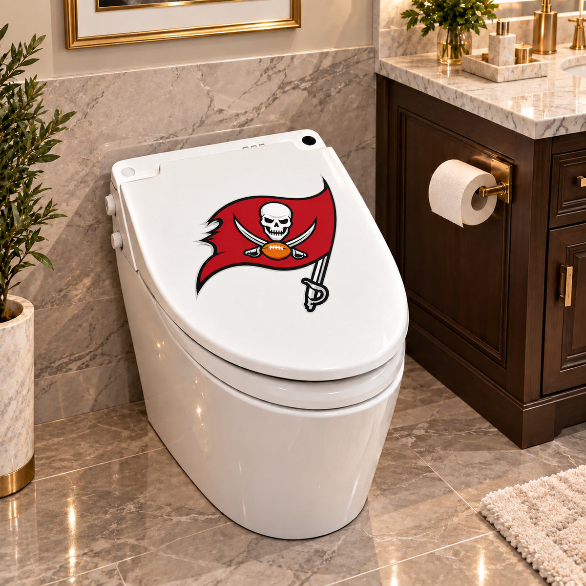 Tampa Bay Buccaneers decorative sticker on a closed white toilet lid in a marble bathroom