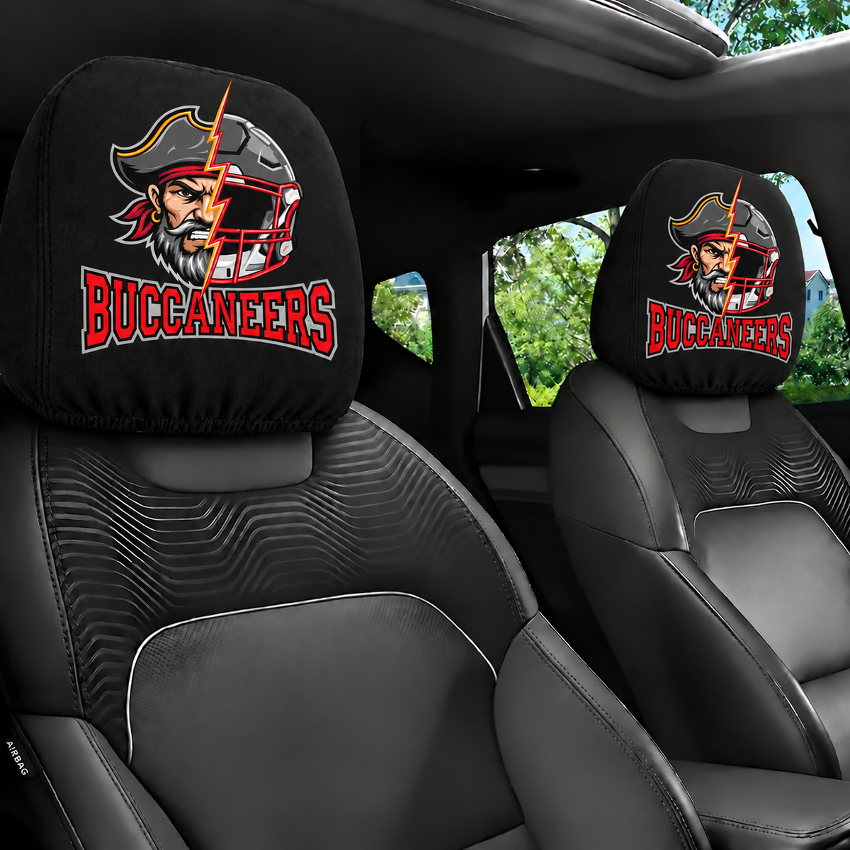 Tampa Bay Buccaneers car headrest cover, Style 2 illustrated mascot design, installed in car