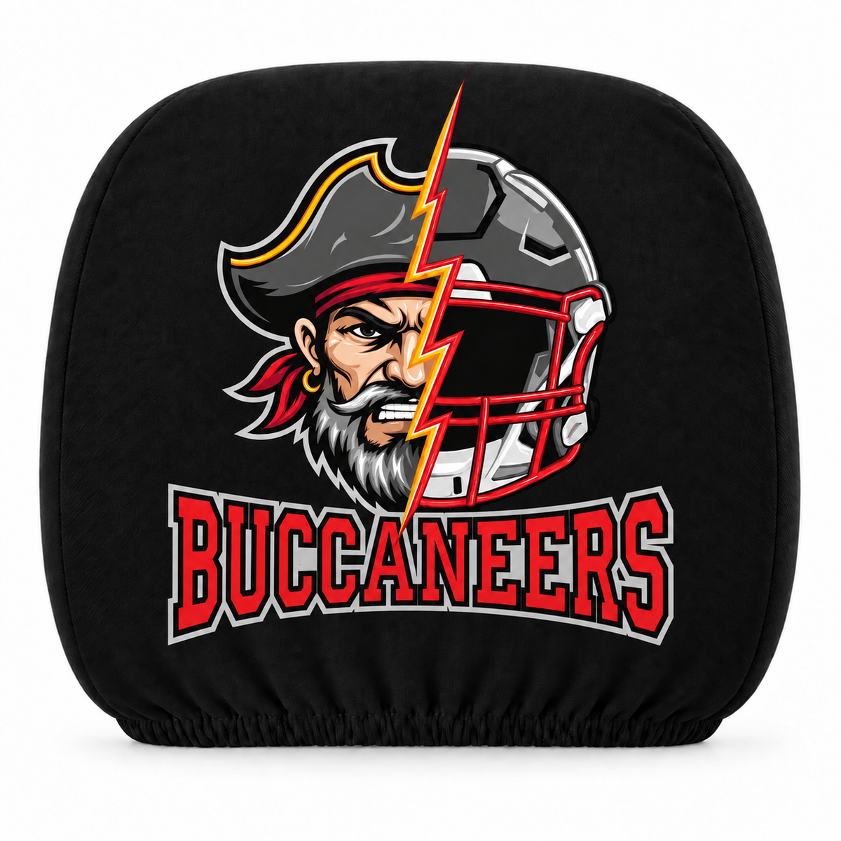 Tampa Bay Buccaneers car headrest cover, Style 2 illustrated mascot design, white background