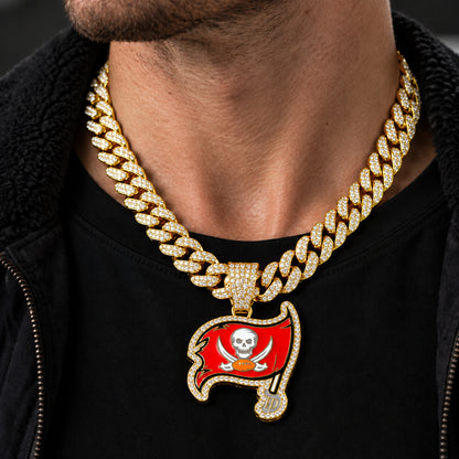 Tampa Bay Buccaneers gold-tone rhinestone Cuban-link necklace, worn view