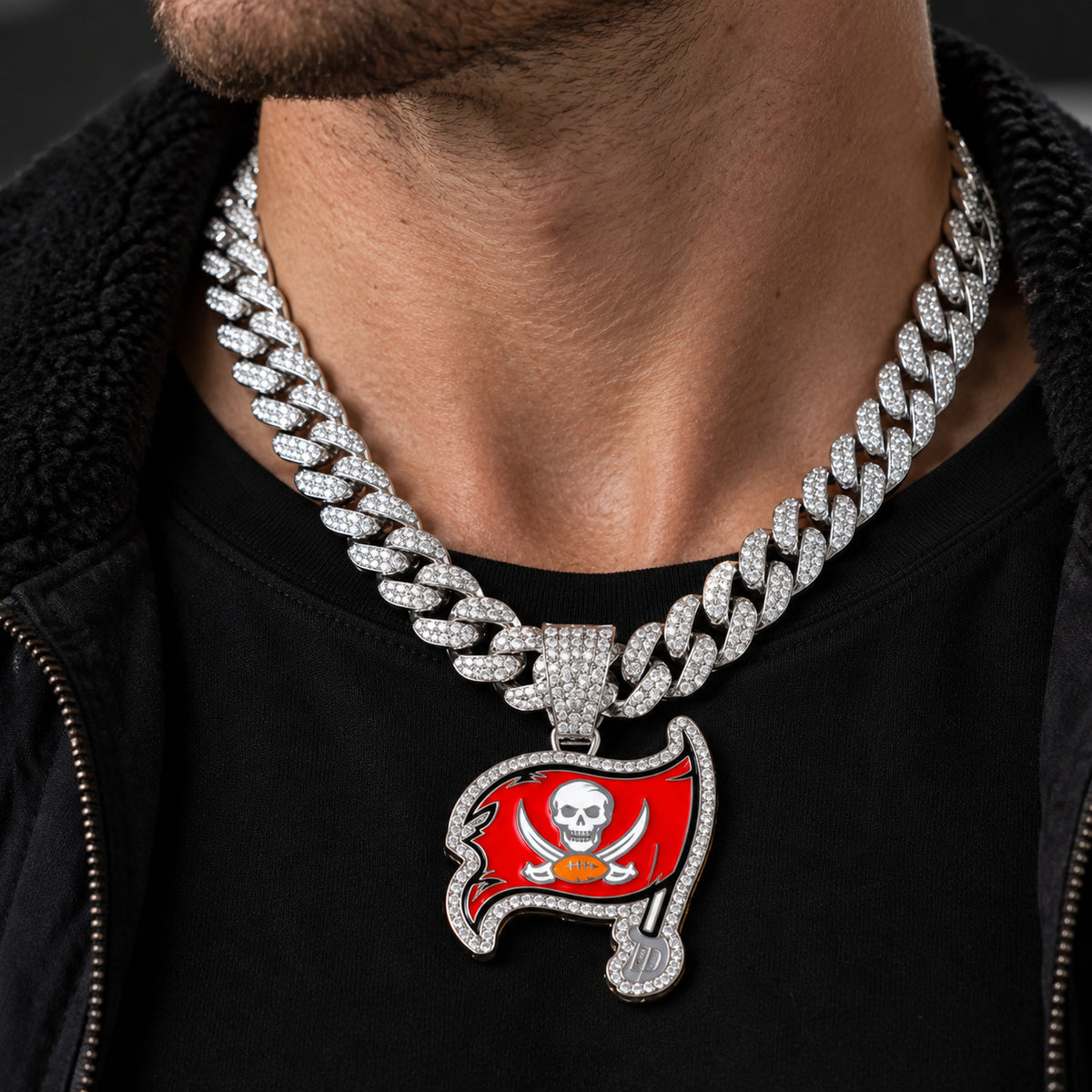 Tampa Bay Buccaneers silver-tone rhinestone Cuban-link necklace, worn view