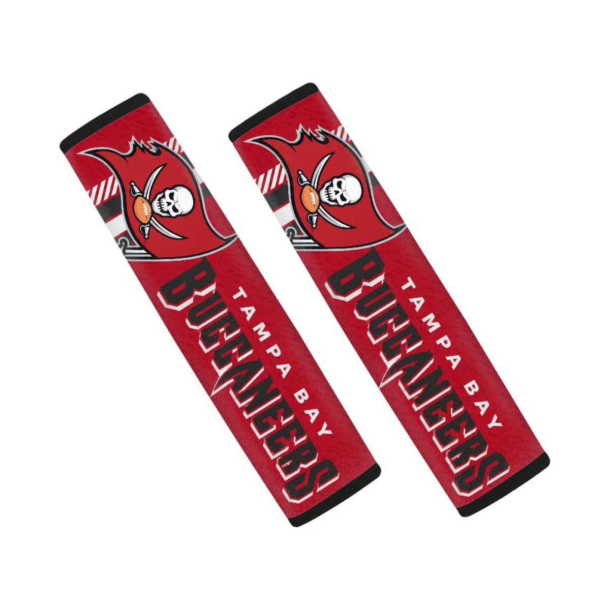 Pair of Tampa Bay Buccaneers seat belt and backpack shoulder strap covers on a white background