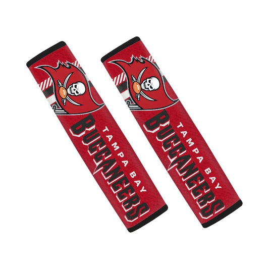 Pair of Tampa Bay Buccaneers seat belt and backpack shoulder strap covers on a white background