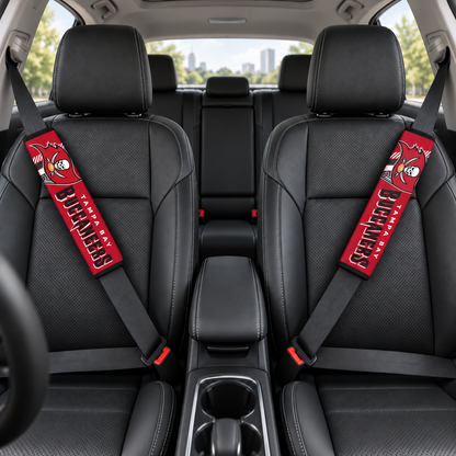 Tampa Bay Buccaneers car seat belt covers shown on two front seat belts