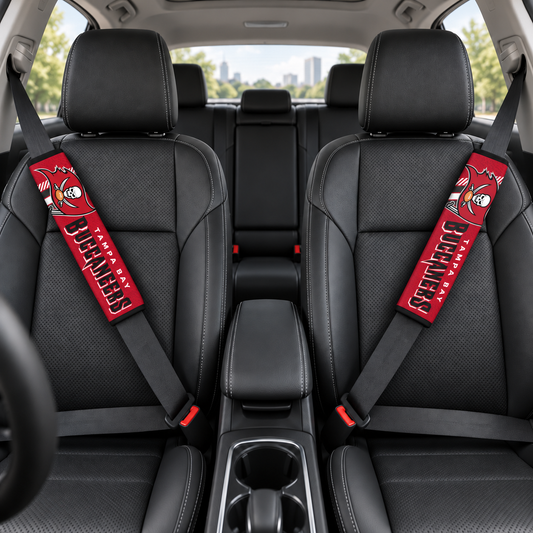 Tampa Bay Buccaneers car seat belt covers shown on two front seat belts