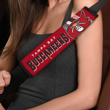 Close-up of Tampa Bay Buccaneers shoulder strap cover worn on a car seat belt