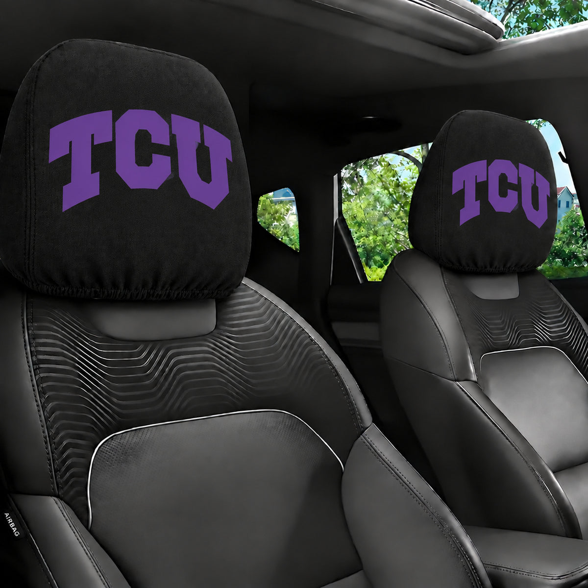 TCU Horned Frogs car headrest cover, Style 1 team design, installed in car