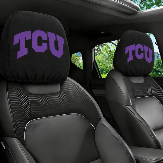 TCU Horned Frogs car headrest cover, Style 1 team design, installed in car